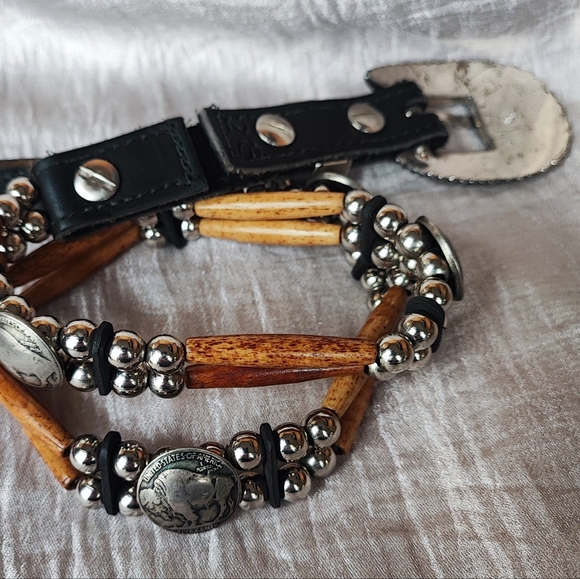 Buffalo Nickel Silver Tone Black Wood Silver Tone Ladies Belt TARNISHED Unsigned - Picture 9 of 13